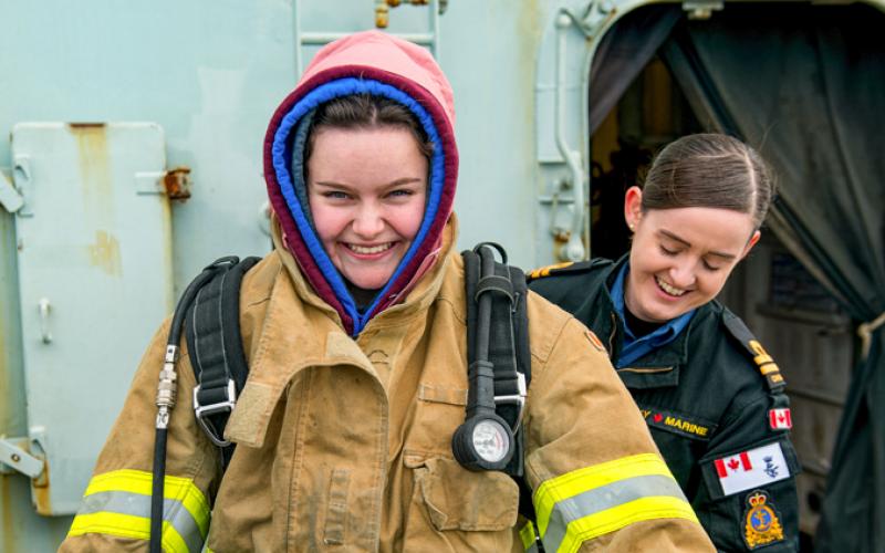 Student wearing fire gear